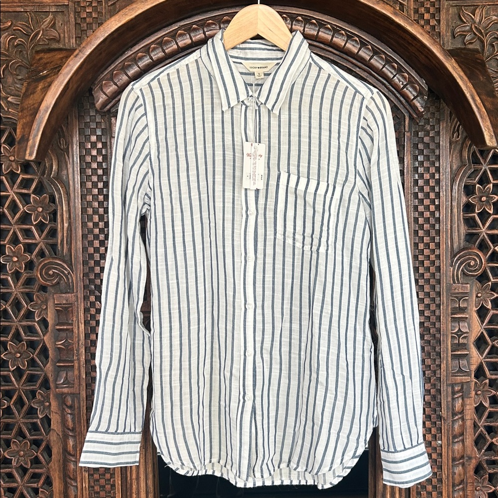 Lucky Brand Women’s Vertical Stripe Button-Down Shirt - White & Blue - Picture 1 of 16